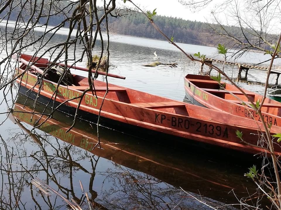 Łódki przy brzegu jeziora w pobliżu rancza Modrzewiowy Gaj